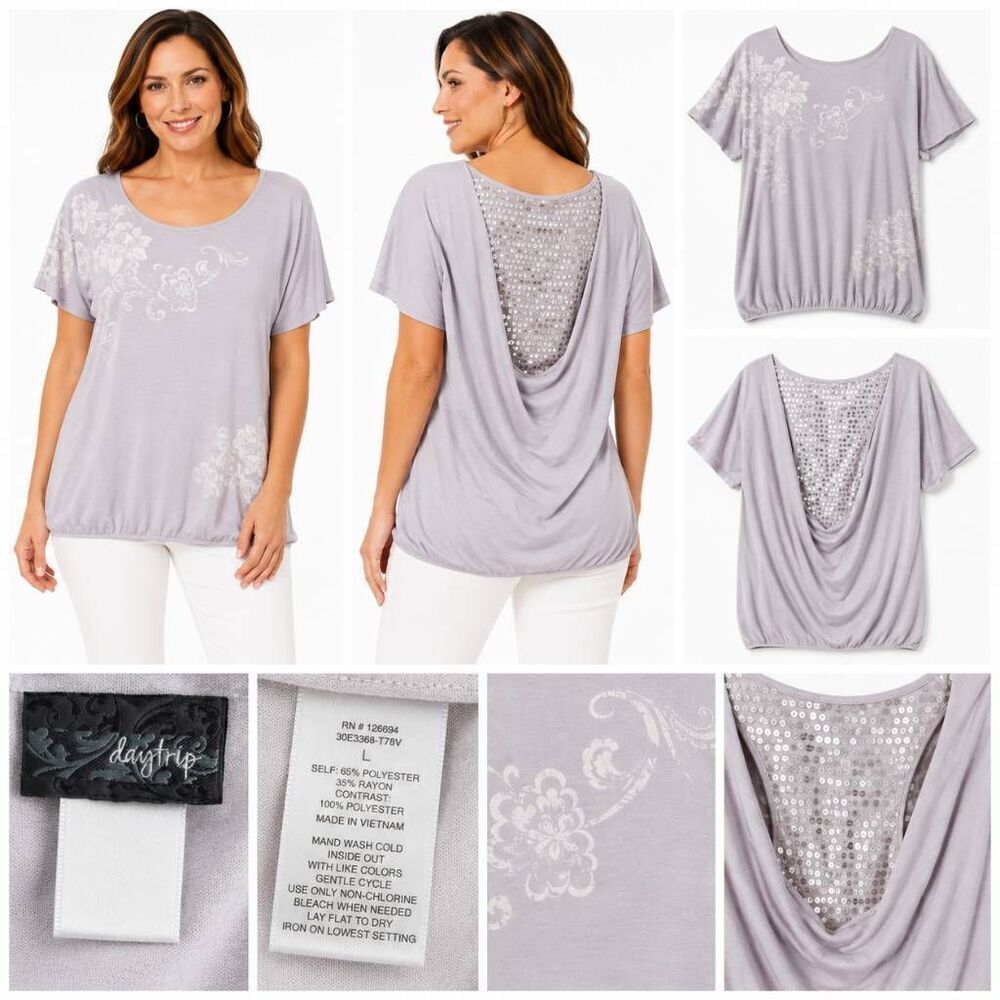 Daytrip Women’s Lavender Short Sleeve Embellished Back Sequin Top L